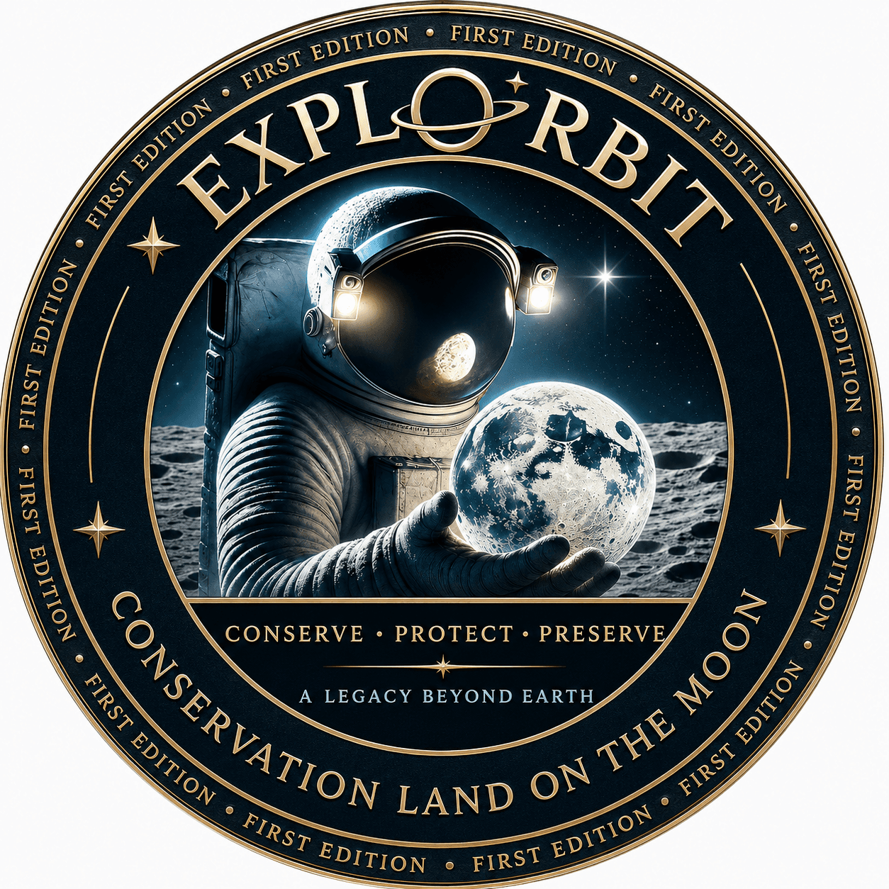 The ExplOrbit First Edition collectible decal: a gold-rimmed navy medallion showing an astronaut cradling the Moon, reading Conservation Land on the Moon, Conserve Protect Preserve