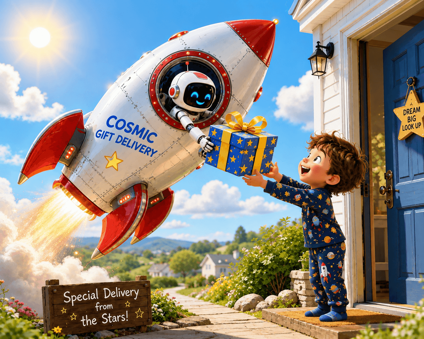 A rocket marked Cosmic Gift Delivery handing a star-wrapped present to a delighted child at their front door