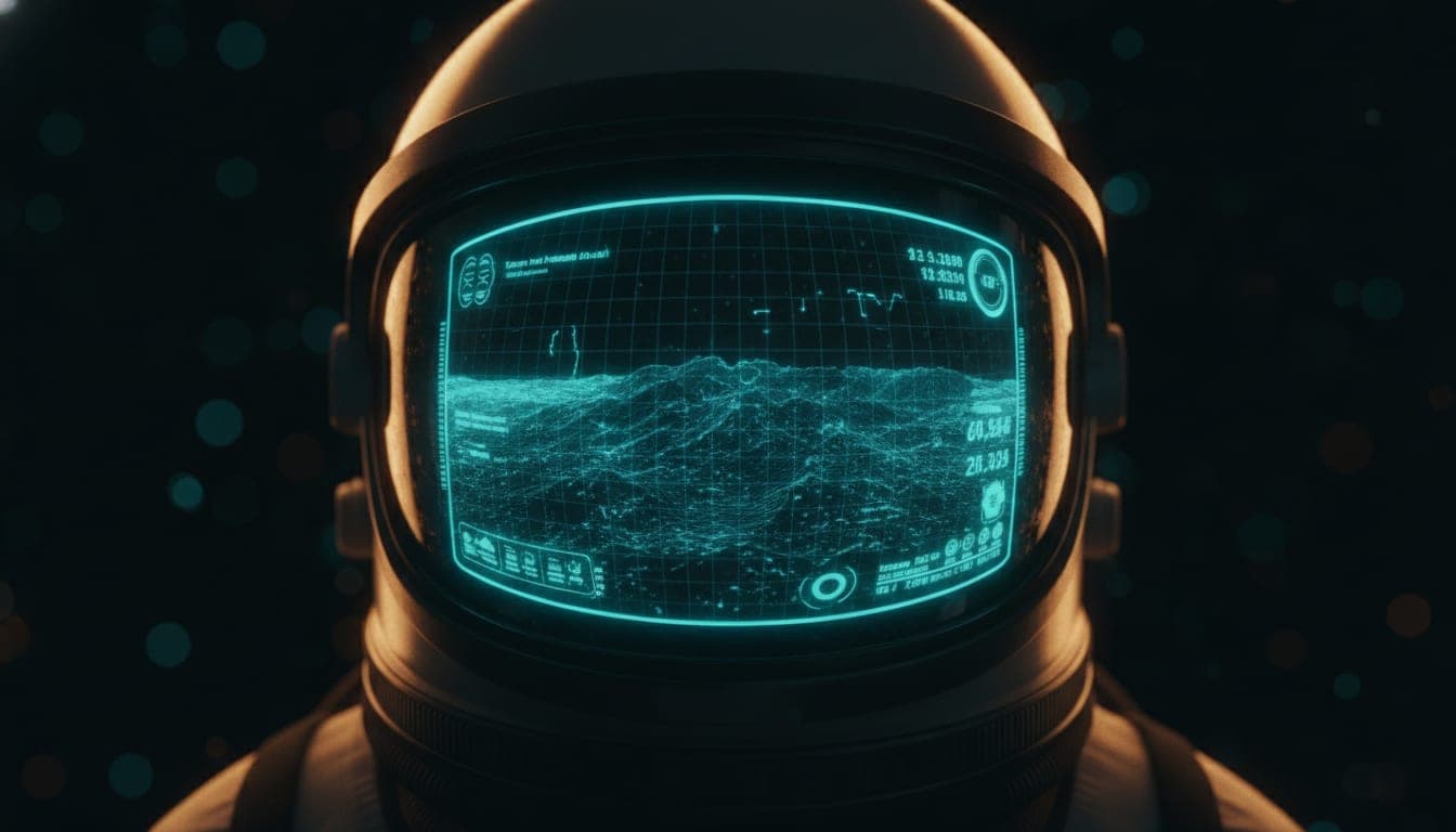 An astronaut's visor reflecting a glowing map of lunar conservation territory