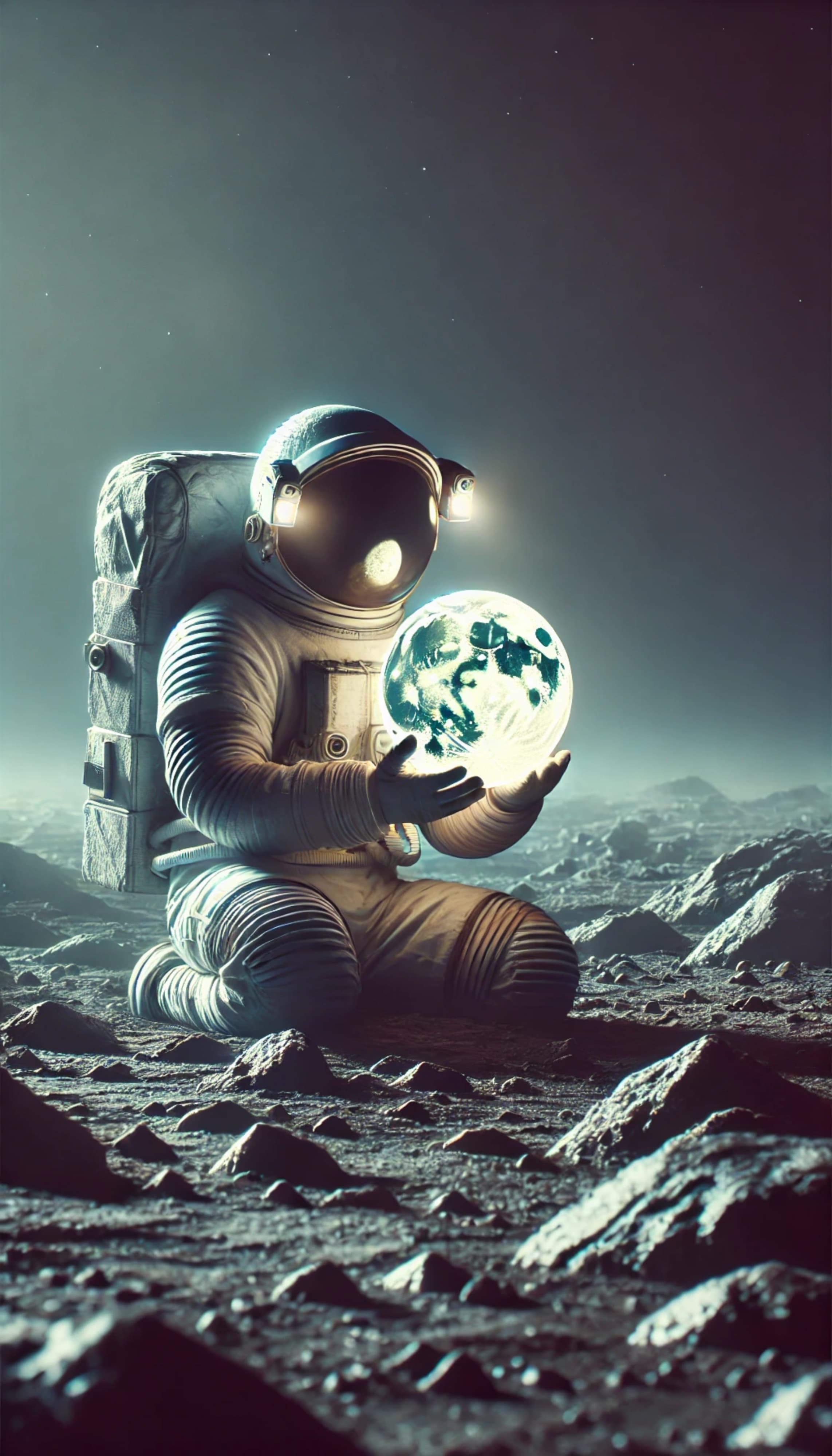 An astronaut kneeling on the lunar surface cradling a glowing Earth