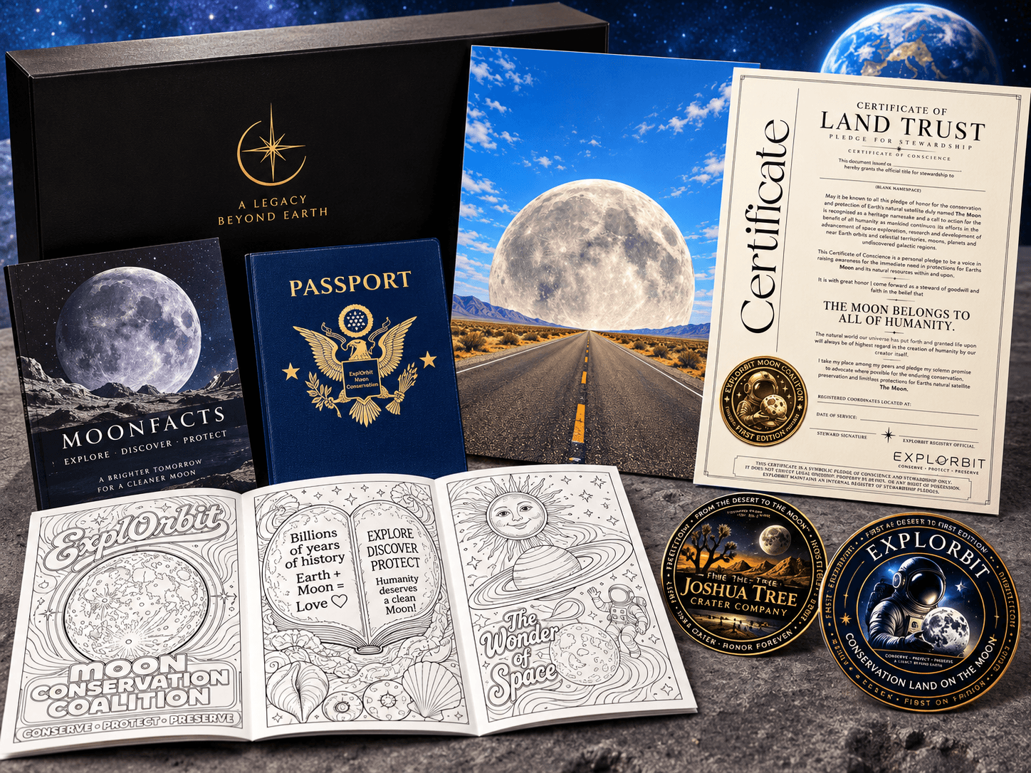 The ExplOrbit Galaxy Gift Package laid out: the children's activity color poster, the ExplOrbit Moon Map, the ExplOrbit Moon Passport Booklet, the ExplOrbit Moon Facts Flyer, and the collectible ExplOrbit Certificate of Stewardship